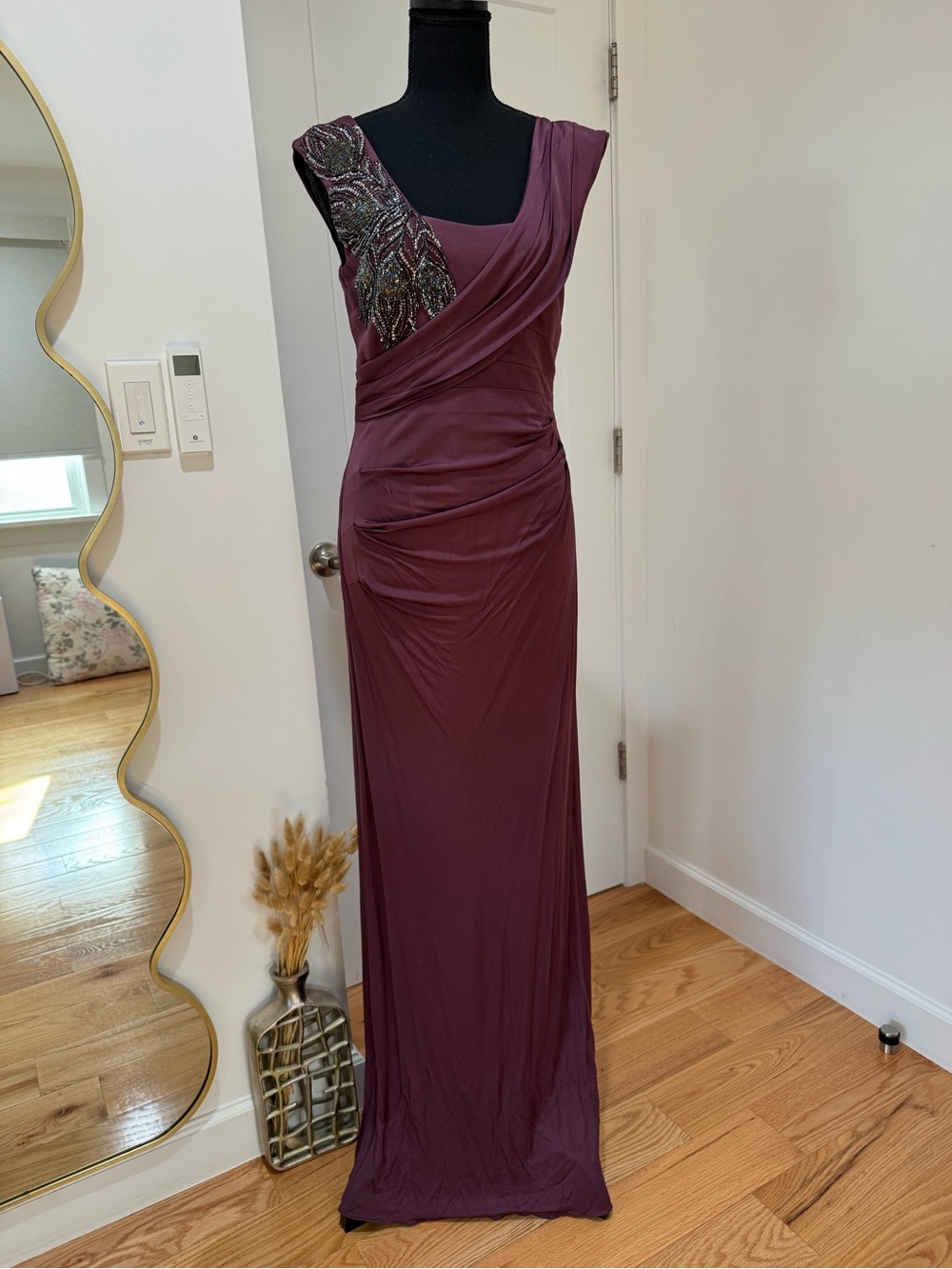 Kay Unger Plum One-Shoulder Evening Gown with Beaded Accent